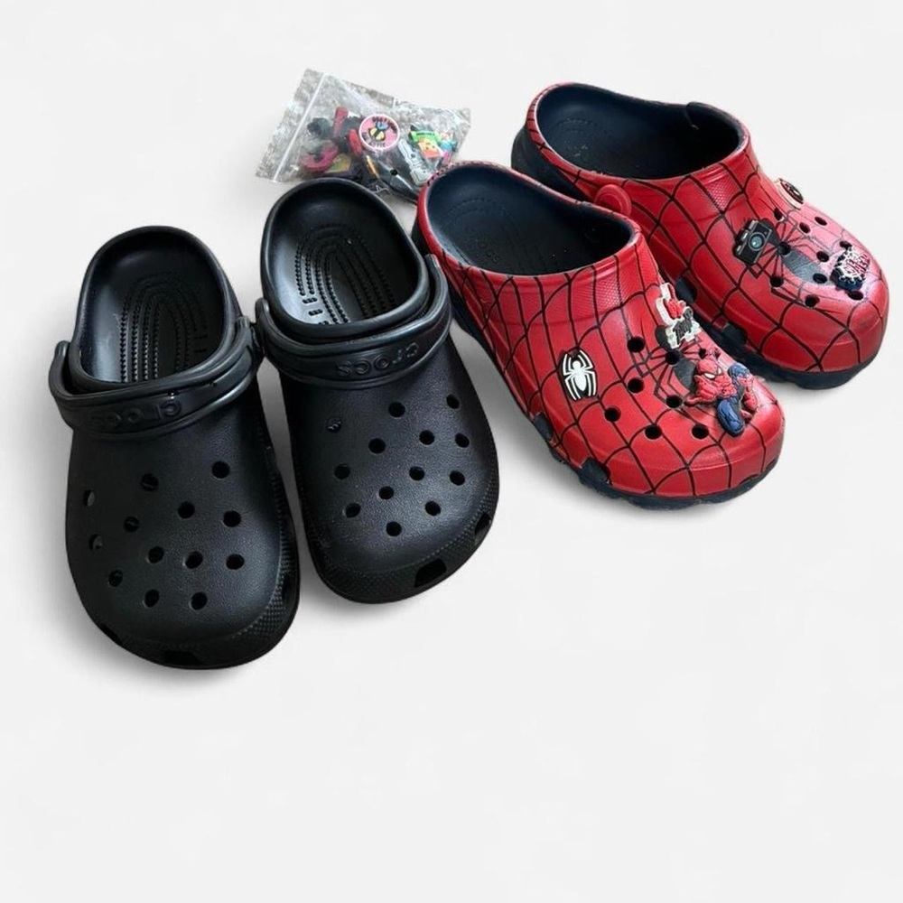 Black Crocs and Spider-Man Crocs